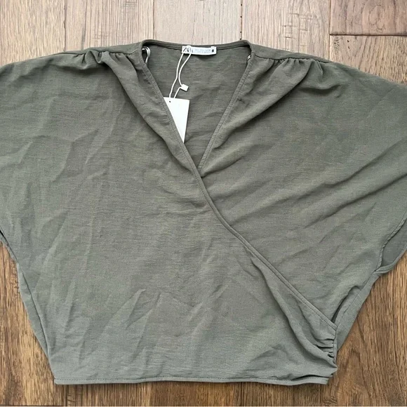 ZARA Olive Green Draped Wrap Top NWT Size Large - Picture 3 of 11